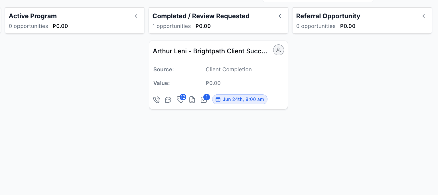Brightpath client success pipeline showing a sample client in Completed Review Requested.