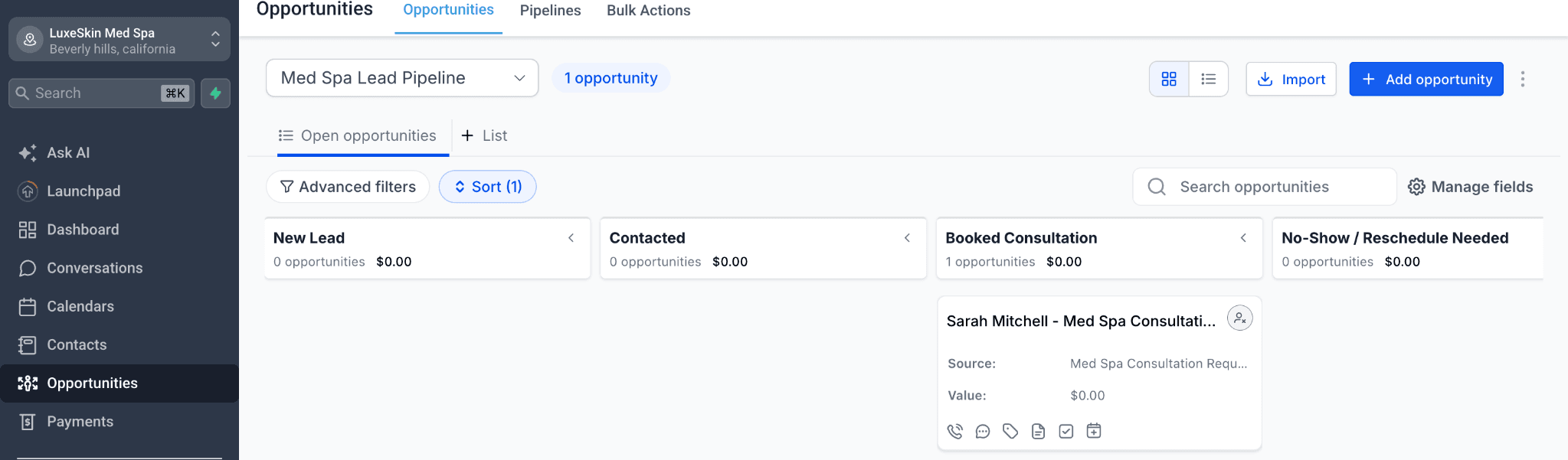 CRM opportunity pipeline showing a booked consultation opportunity for the med spa consultation request.